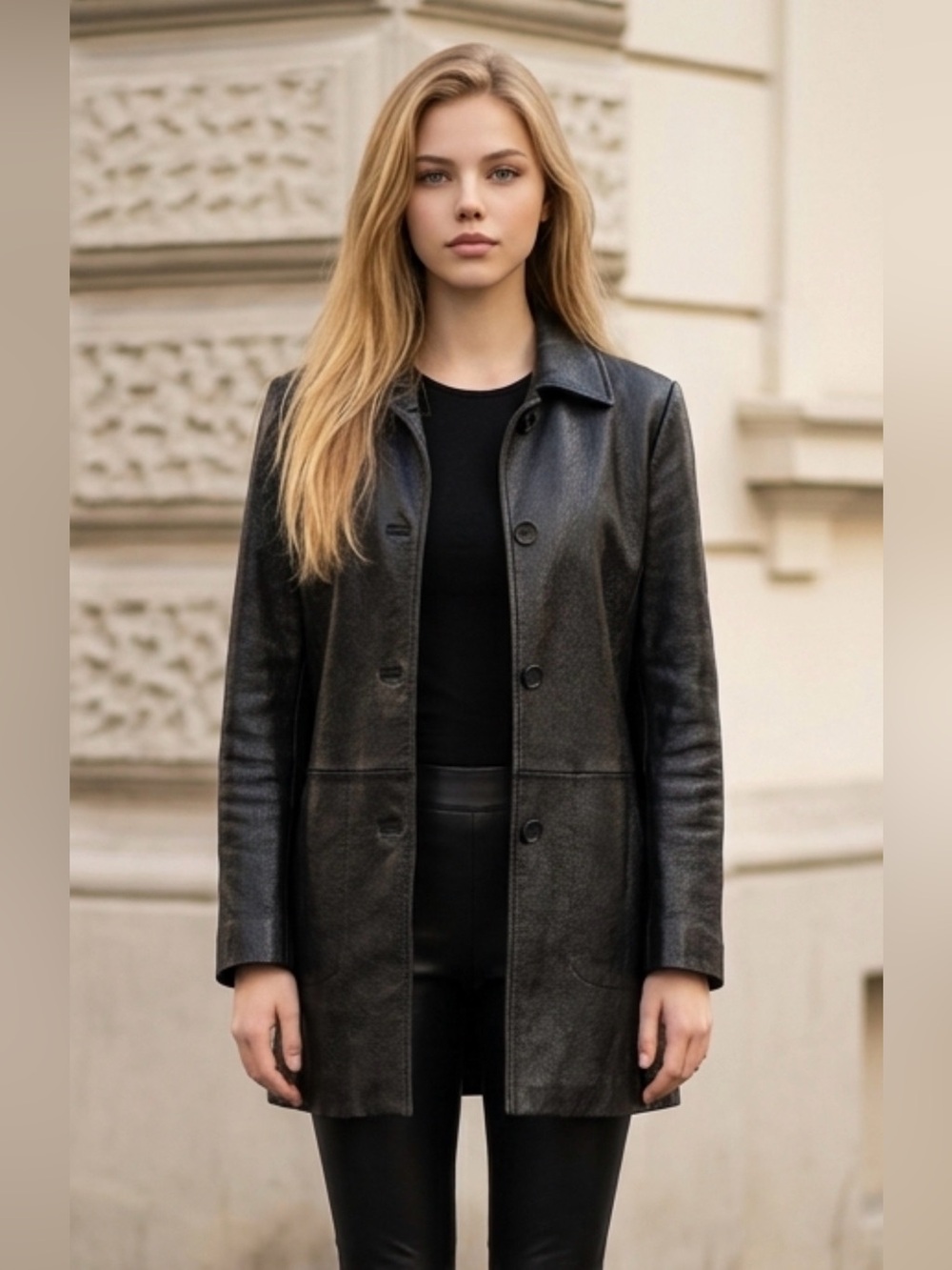 Danier Black Leather Button-Front Jacket
